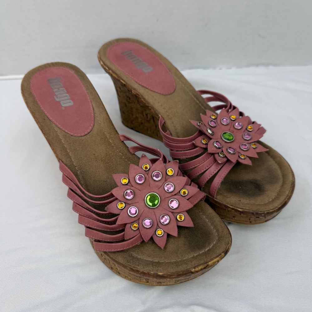 Bongo Vintage Pink Floral Rhinestone Wedge Sandals Y2K Cork Platform Slides
